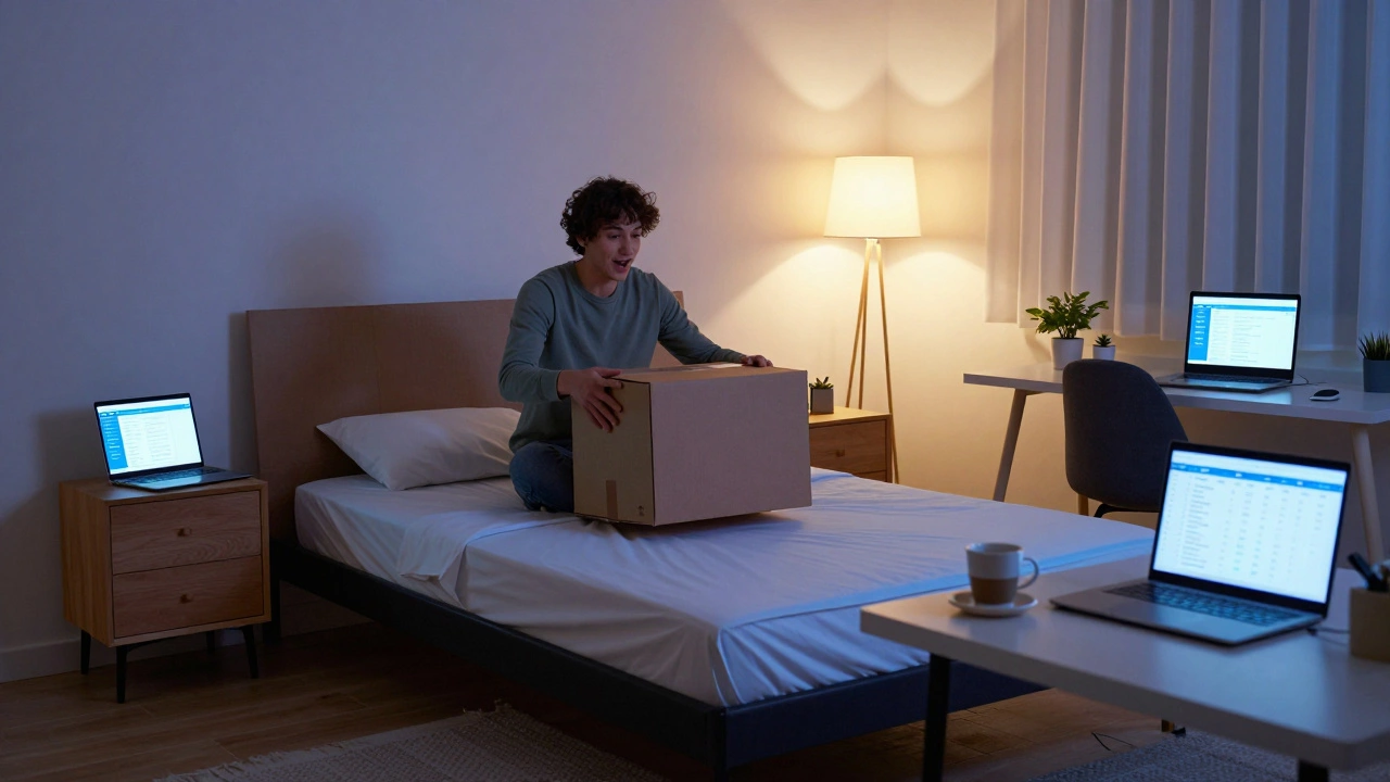 Person unpacking a bed frame and nightstands on Cyber Monday, glowing laptop showing deal confirmations in a dimly lit bedroom.