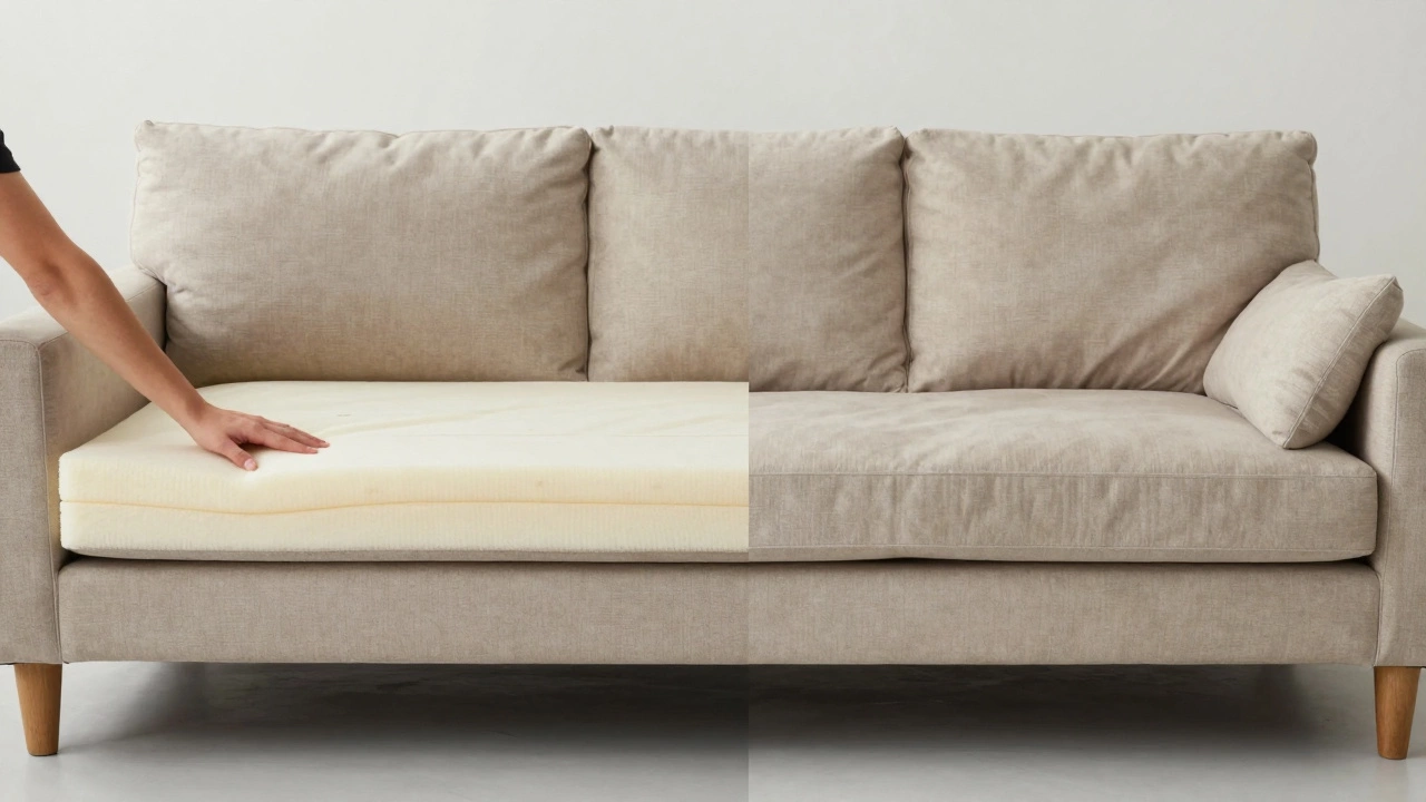 Side-by-side comparison of a durable medium-firm sofa versus a sagging soft sofa over time.