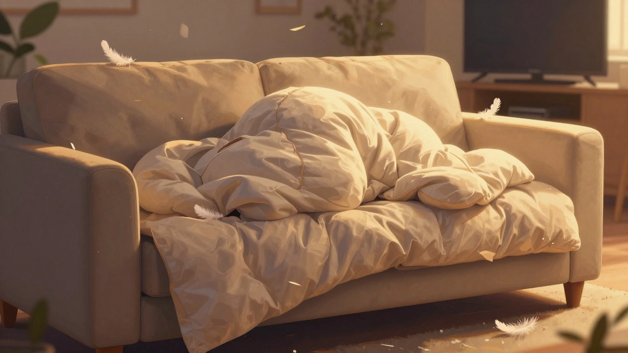 Someone curled up cozily on a plush, down-filled sofa in warm evening light.