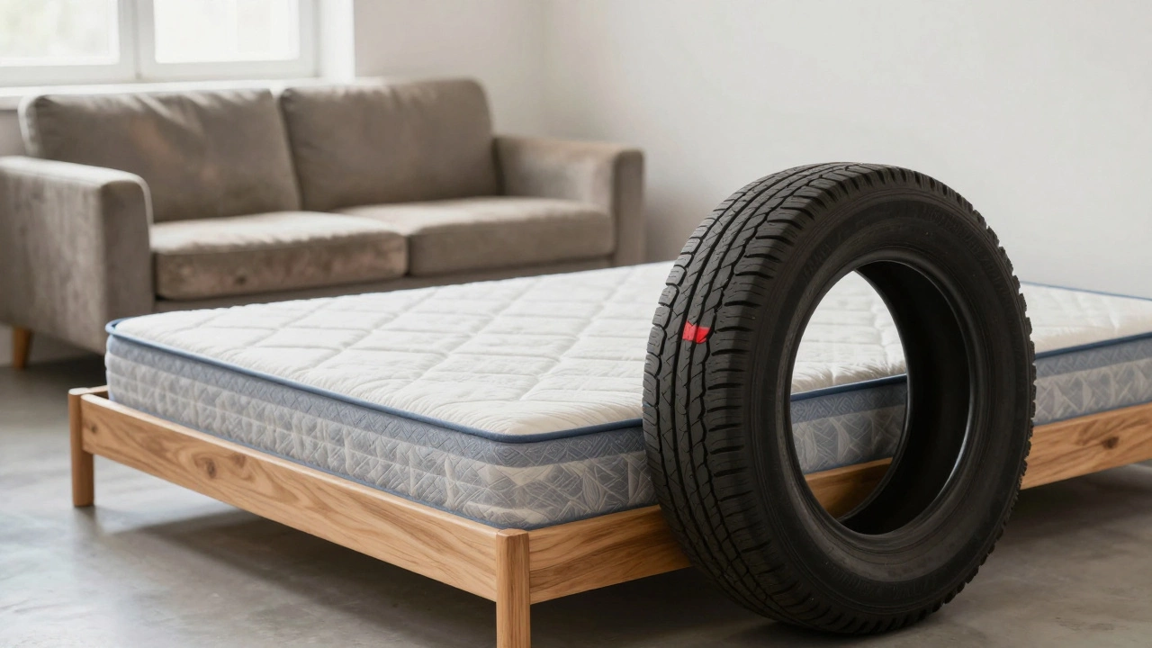 Spare tire next to a modern mattress, symbolizing sofa beds as temporary solutions for sleep.