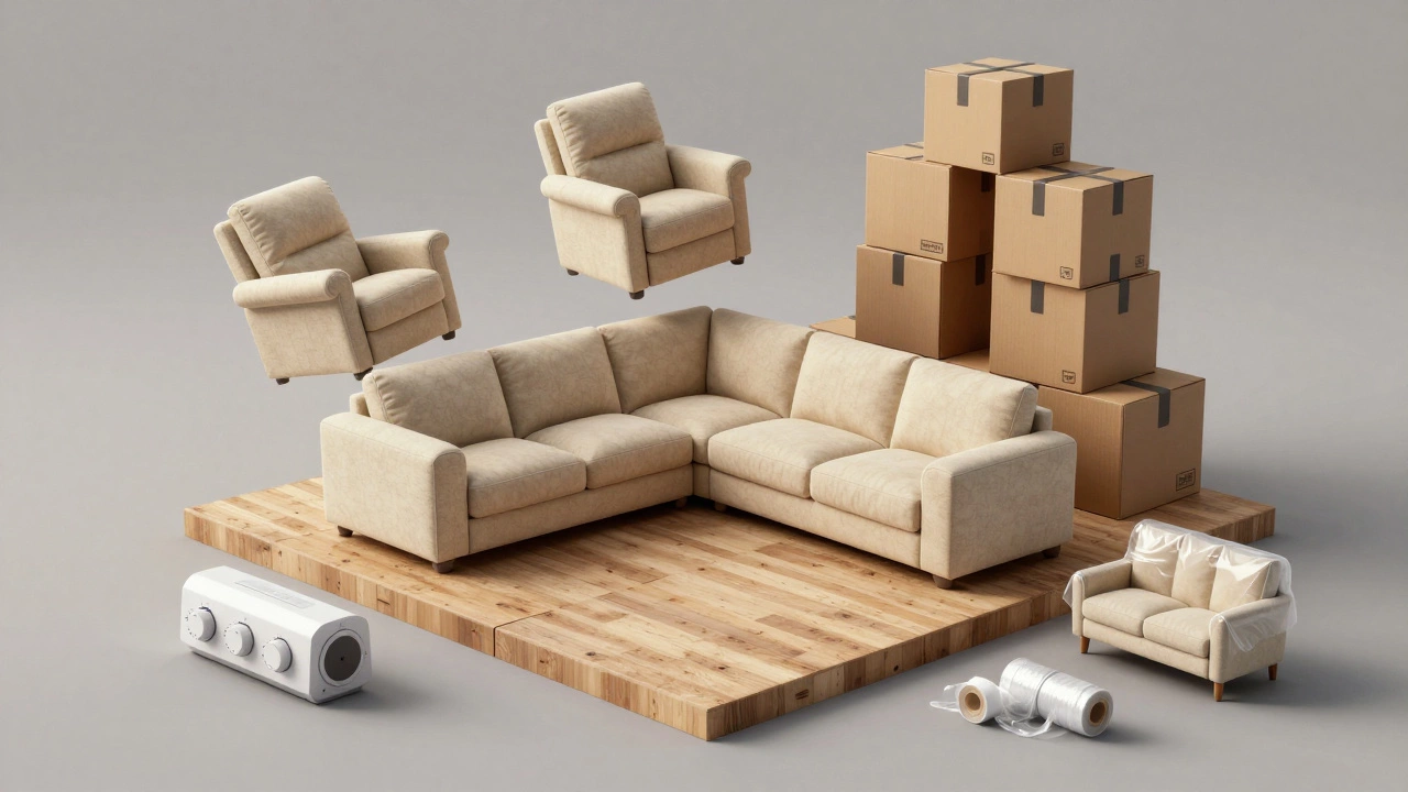 A conceptual image of a couch dominating a small storage space, with oversized furniture crushed and a small loveseat neatly stored nearby.