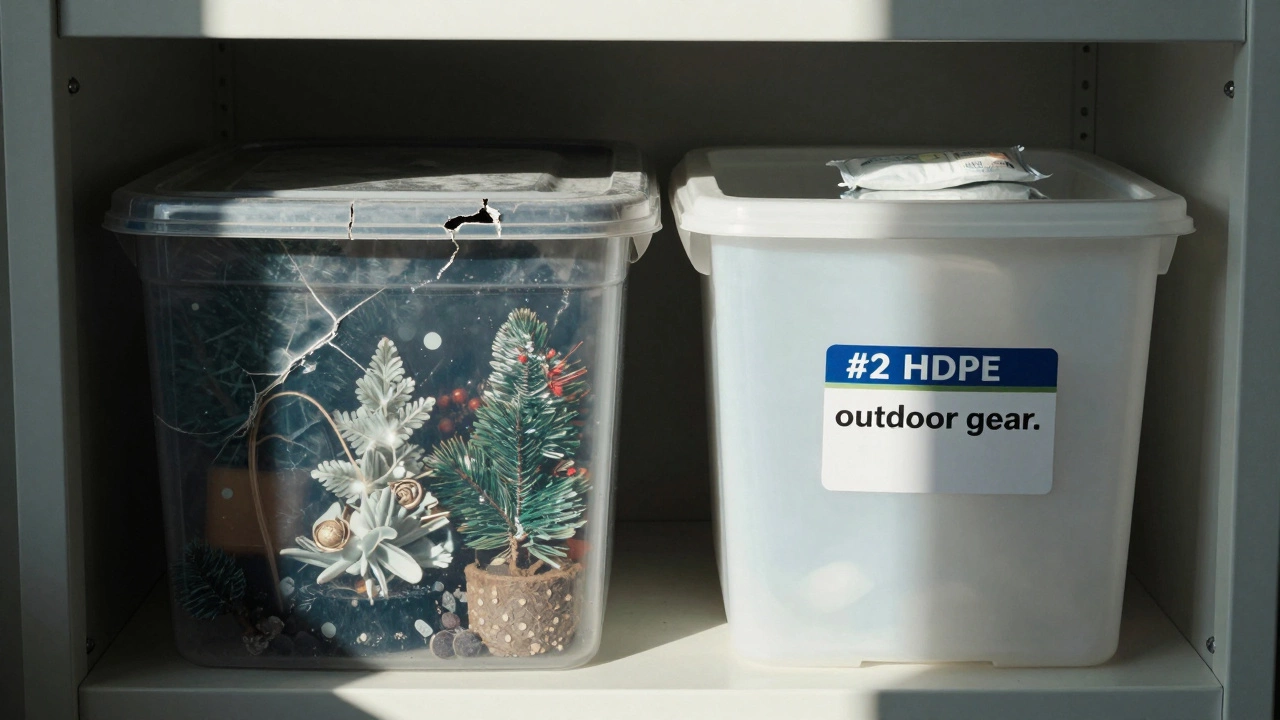A garage shelf with one degraded plastic bin and one durable UV-resistant bin, with silica gel pack visible.