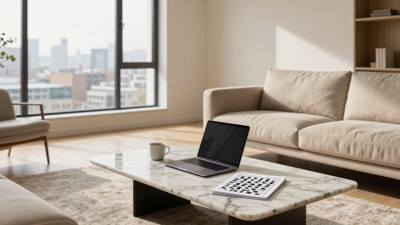 A marble coffee table used daily for work and reading in a spacious, clutter-free living room.