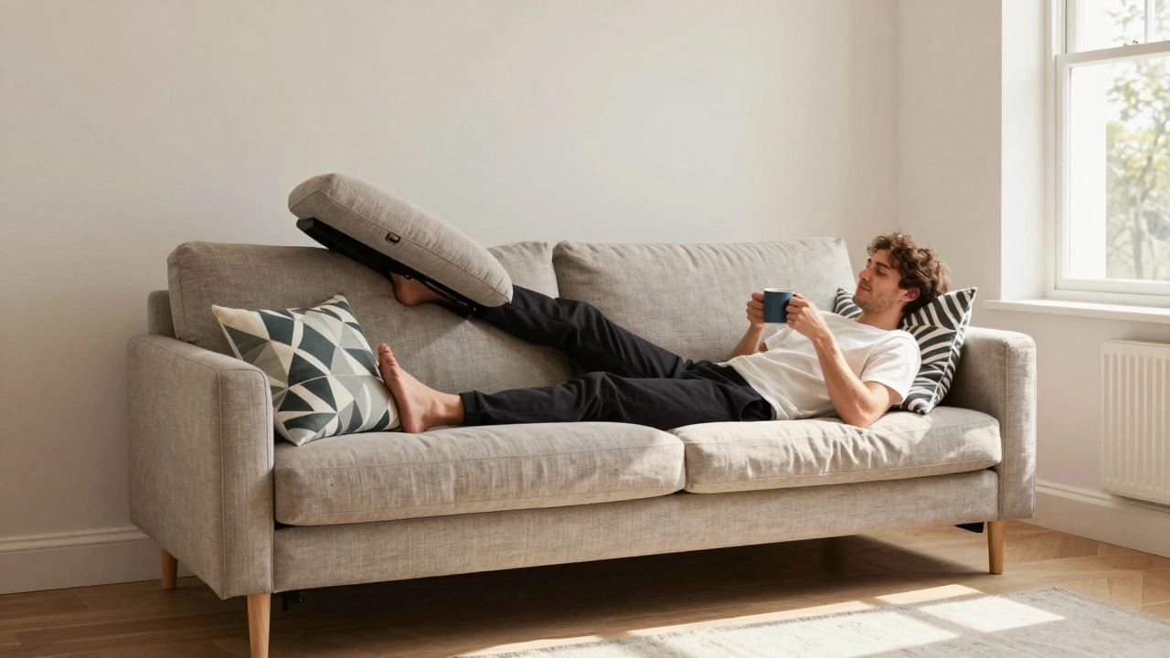 A person effortlessly converting a click-clack dreamer couch into a bed in a small urban flat with sunlight.