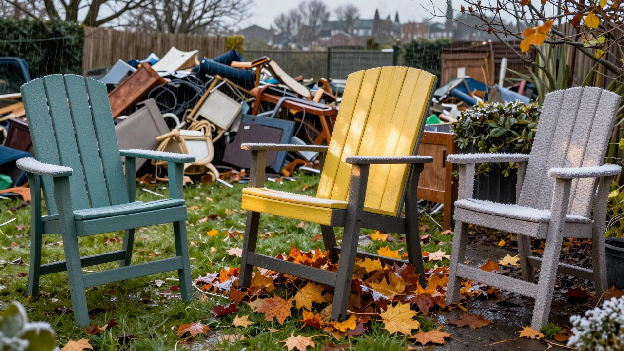 A single high-quality outdoor chair enduring all four seasons in a UK garden, while discarded cheap furniture decays behind it.
