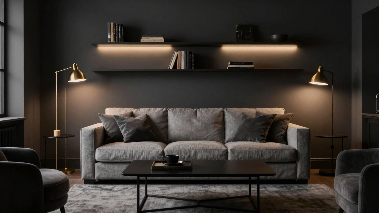 Charcoal walls with light sofa and layered brass lighting in a moody living room