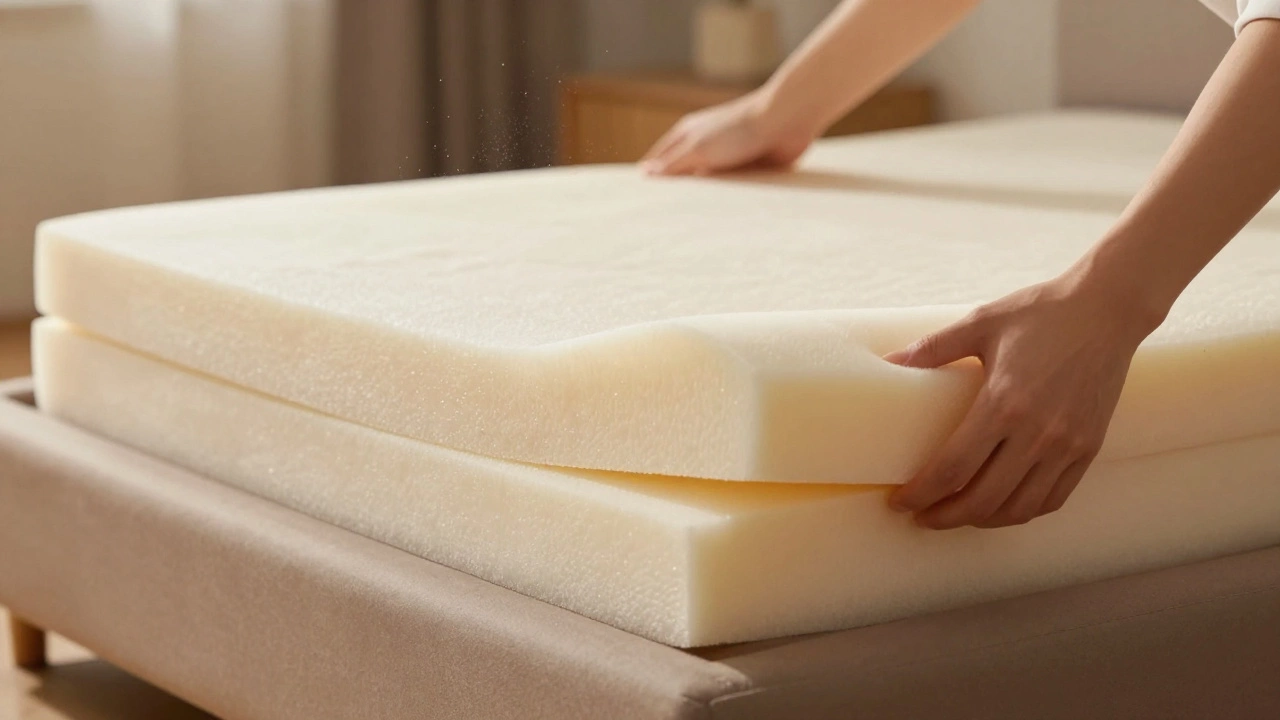 Close-up of a layered sofa bed mattress being folded, showing reinforced edges and foam construction.