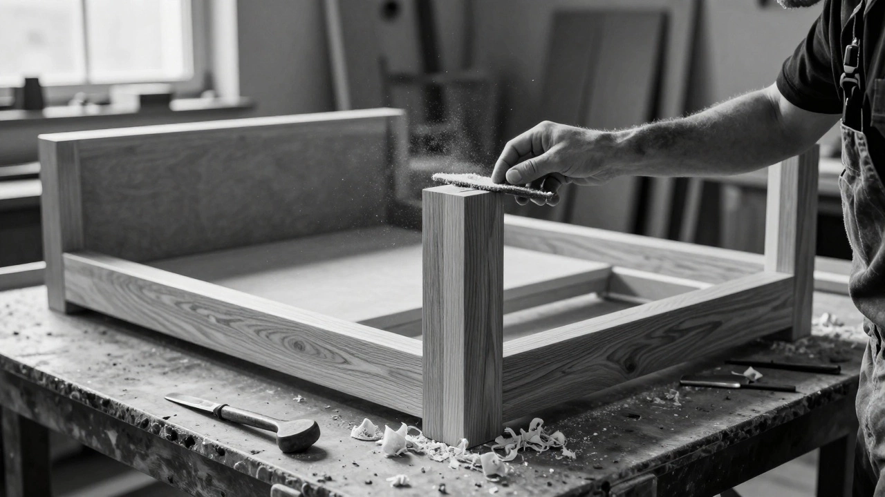 Close-up of a solid hardwood sofa frame joint being crafted in a woodworking shop.