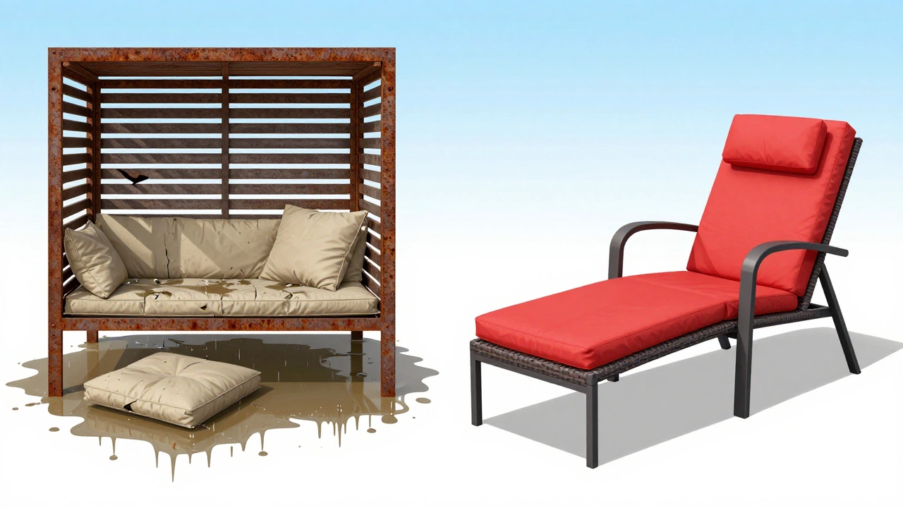 Contrasting outdoor furniture: one side rusted and broken, the other pristine with durable materials and vibrant cushions.