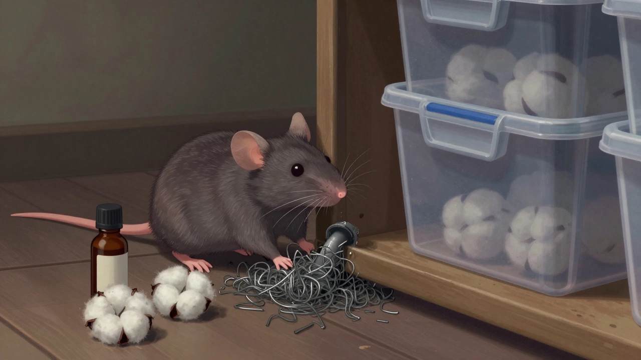 Mouse stopped by steel wool in a gap, peppermint oil cotton balls nearby, plastic bins stacked neatly.