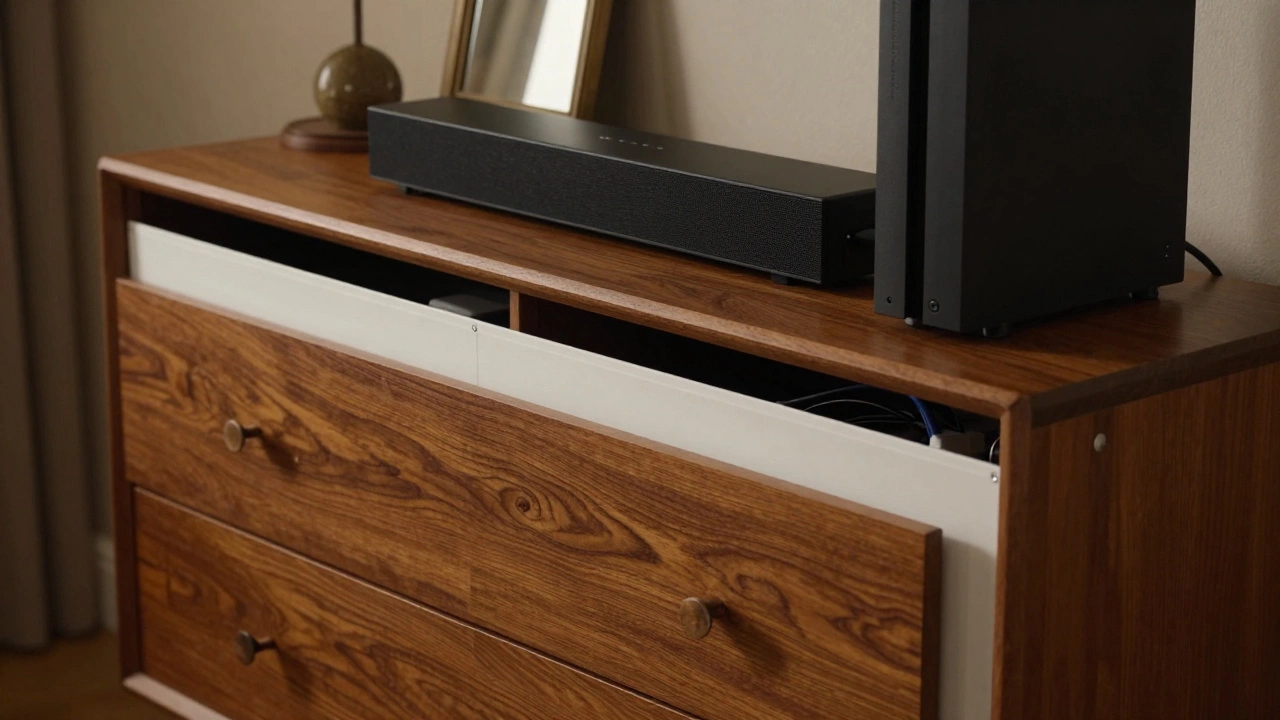 Neatly managed cables and electronics on a wooden media console