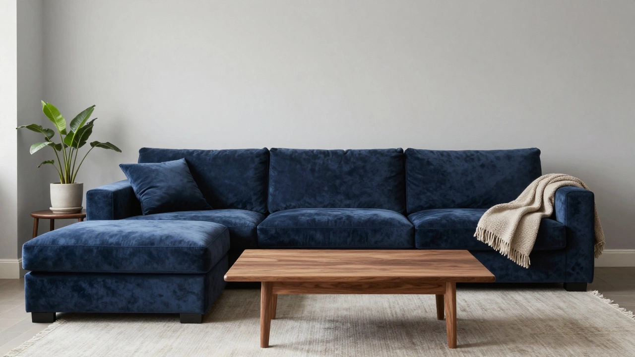 Pale greige walls with navy sofa and walnut coffee table in a small bright room