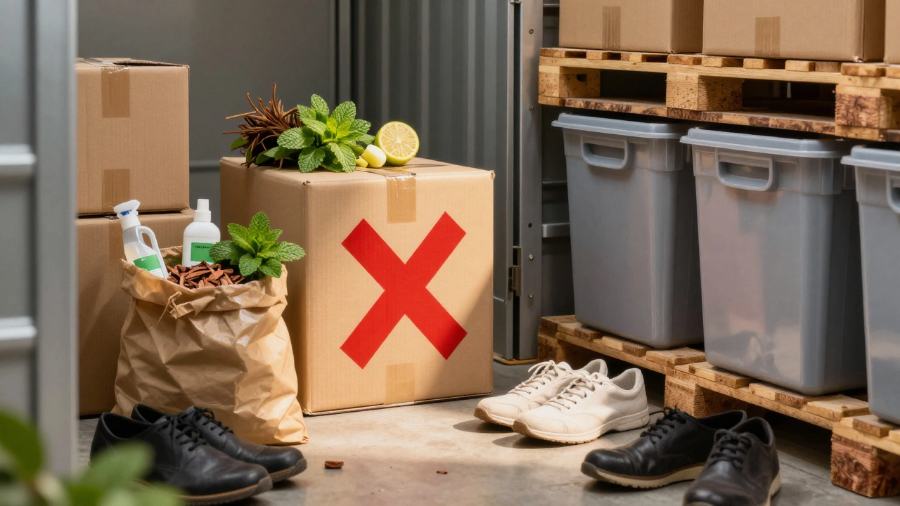 Red X over cluttered cardboard and food containers, while sealed bins and natural repellents glow with light.