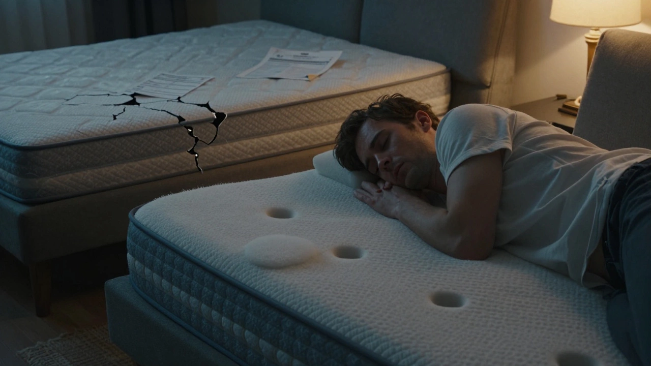 Someone sleeping comfortably on a sofa bed with a hybrid mattress, while a damaged mattress lies discarded below.