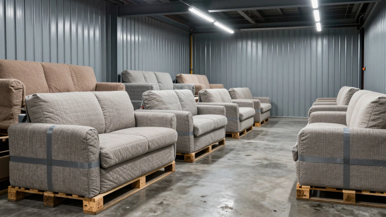 Storage room with wrapped furniture on wooden pallets.