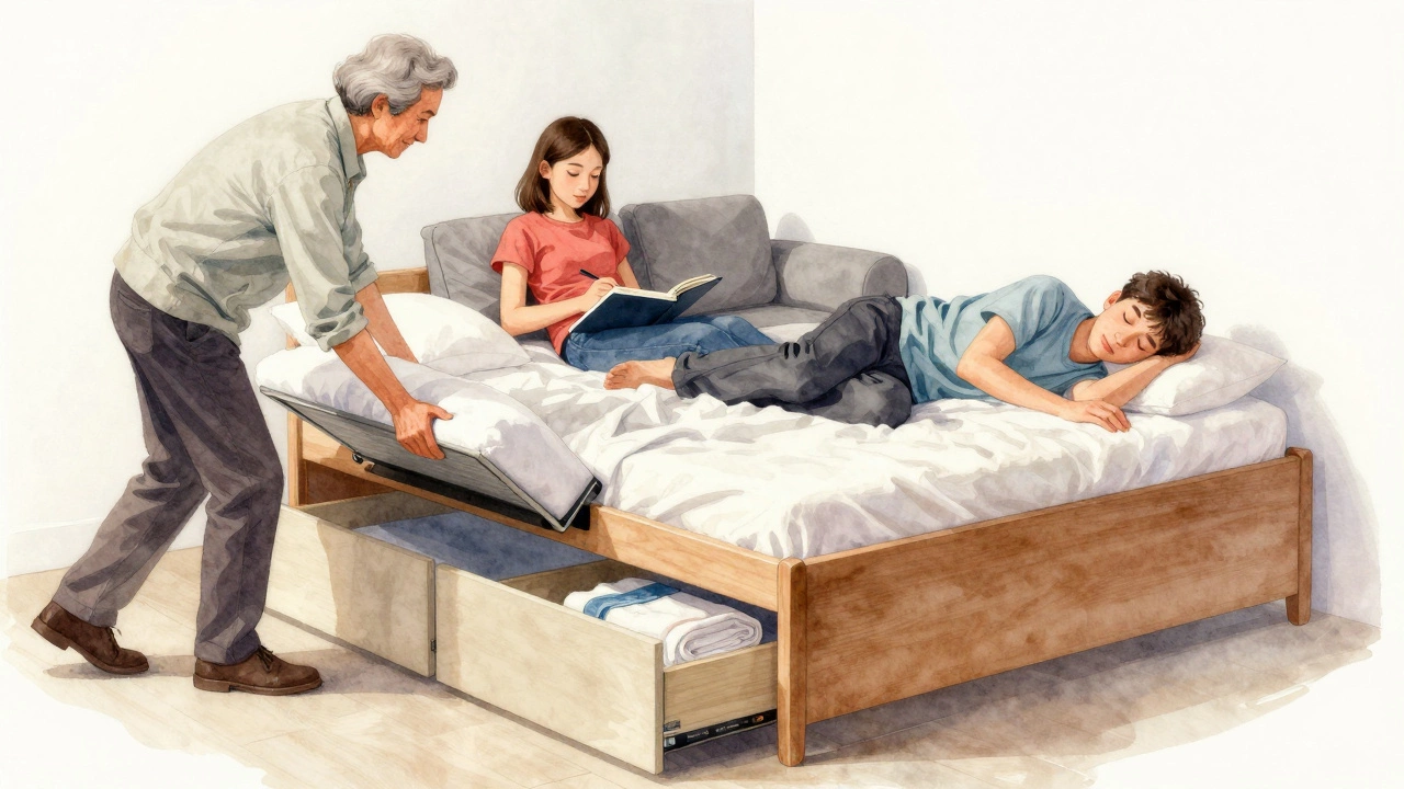Three people using a china bed: an elderly person converting it, a teen lounging, and an adult sleeping, with under-bed storage visible.