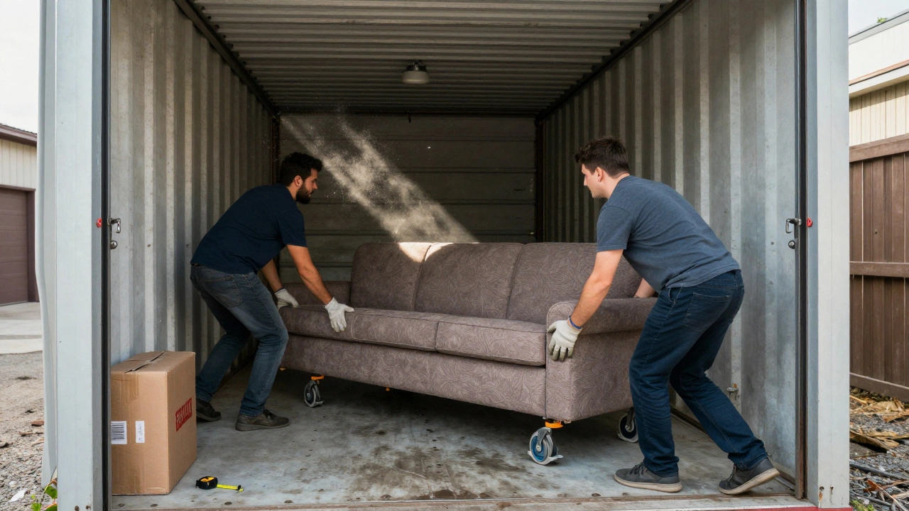 Two people sliding a large couch into a storage unit using furniture sliders, with the door wide open and a tape measure on the floor.