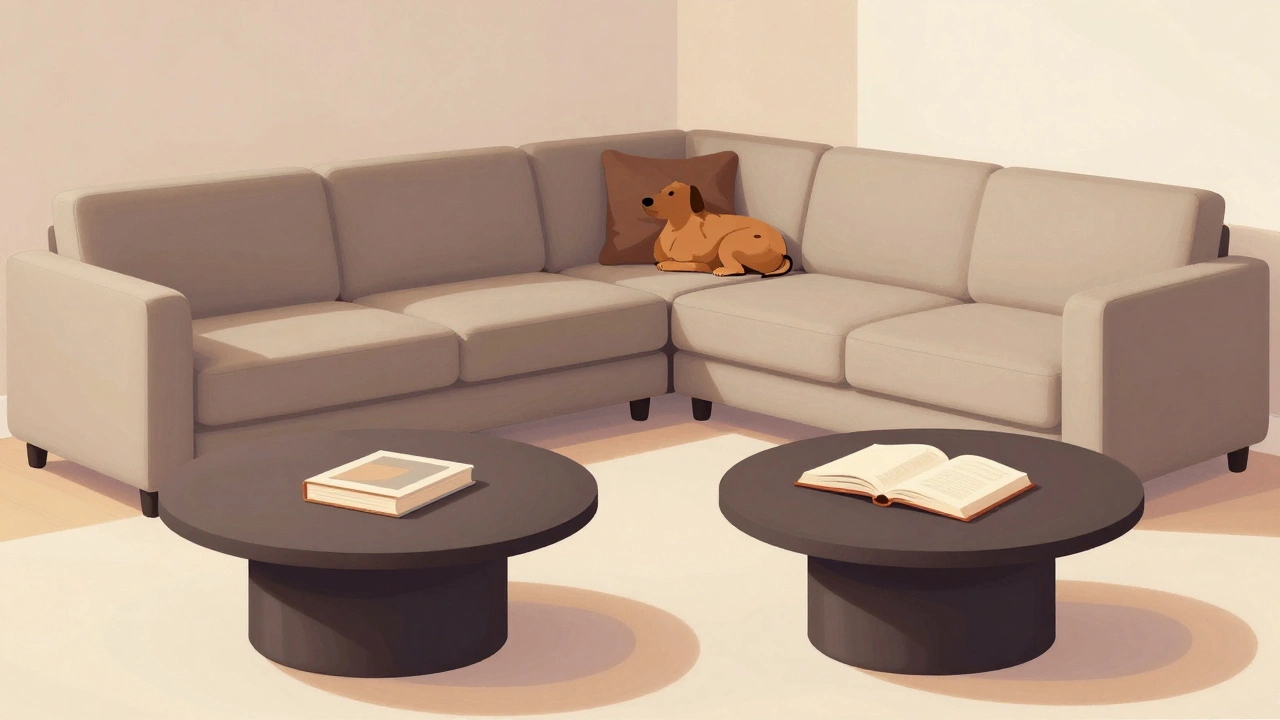 Two round coffee tables flanking an L-shaped sectional, creating balanced access and visual harmony.