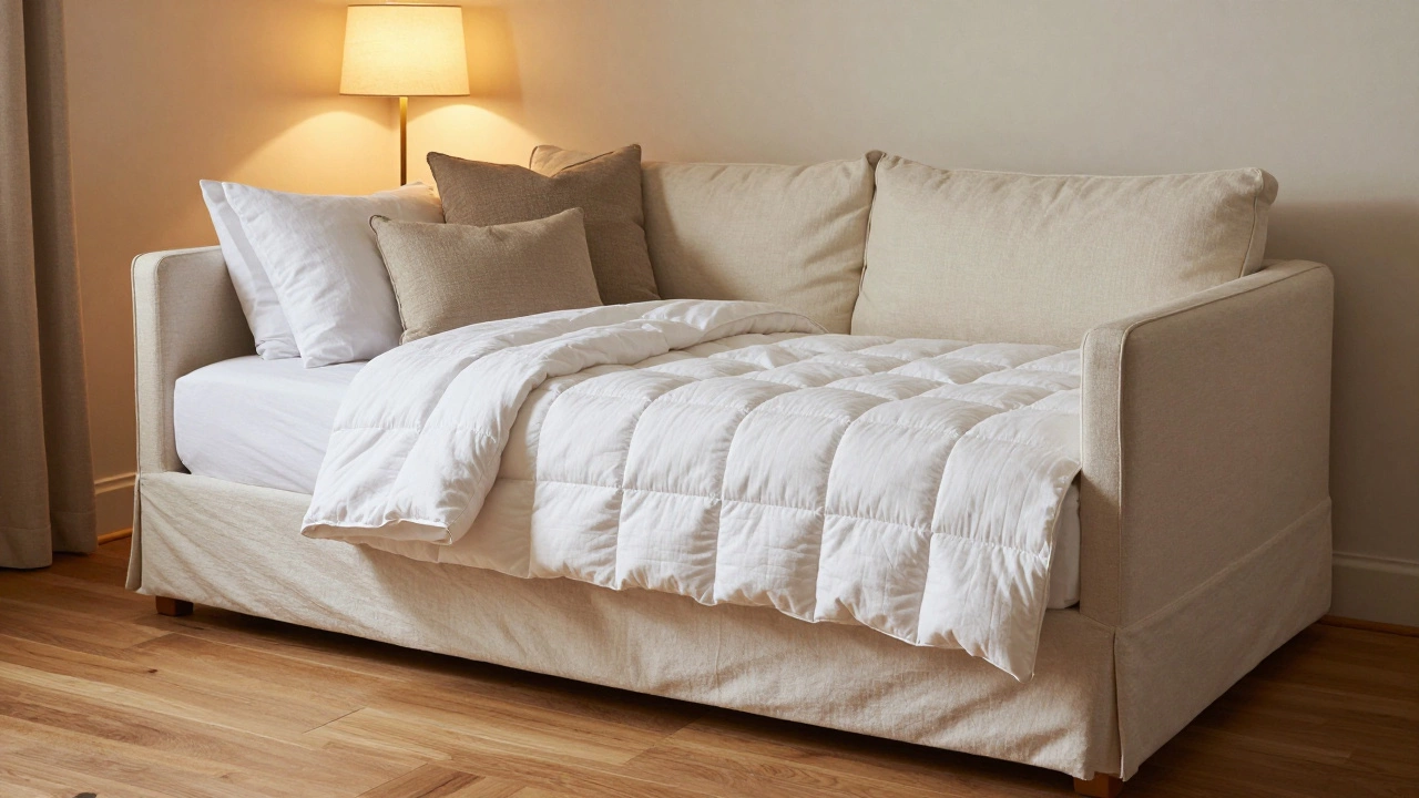 A comfortable daybed with plush linens and pillows in a cozy guest room.
