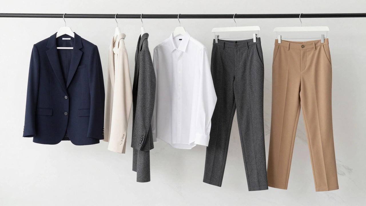A curated capsule wardrobe featuring neutral-colored professional clothing pieces