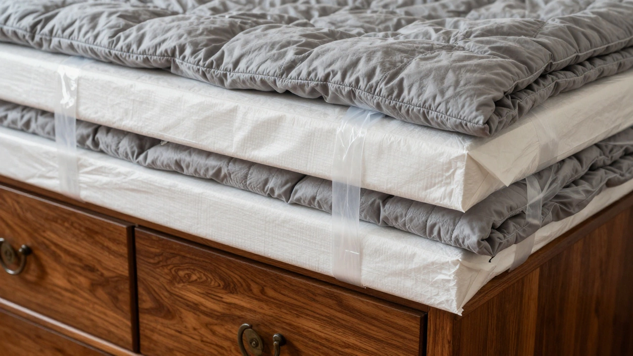 A mahogany dresser protected with white packing paper and a quilted moving blanket.