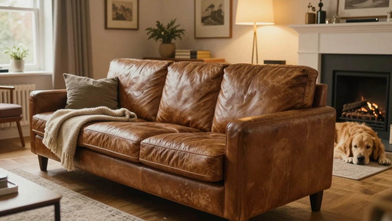 A timeless leather sofa in a cozy living room with a throw blanket and a dog.