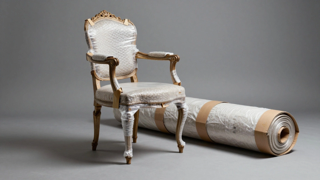 An antique chair with bubble-wrapped legs and cardboard corner protectors for shipping.