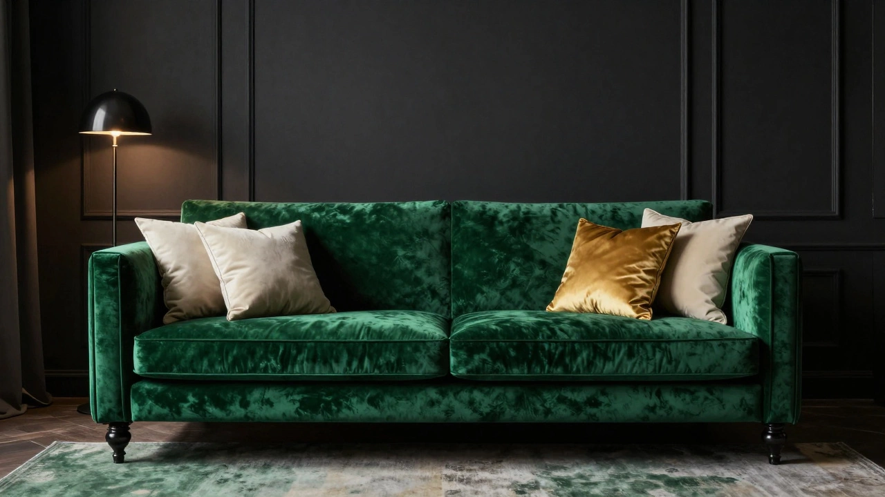 An emerald green velvet sofa against a dark moody wall with gold pillows