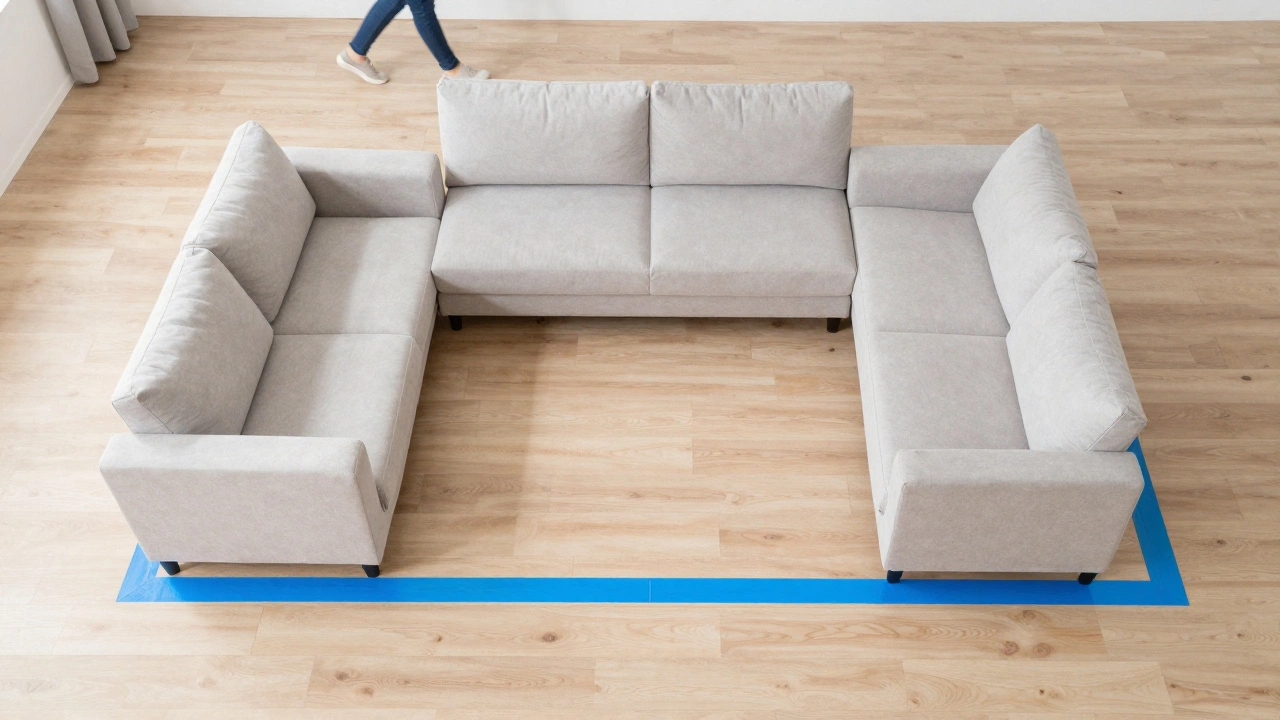 Blue painter's tape on a wooden floor marking the dimensions of a corner sofa