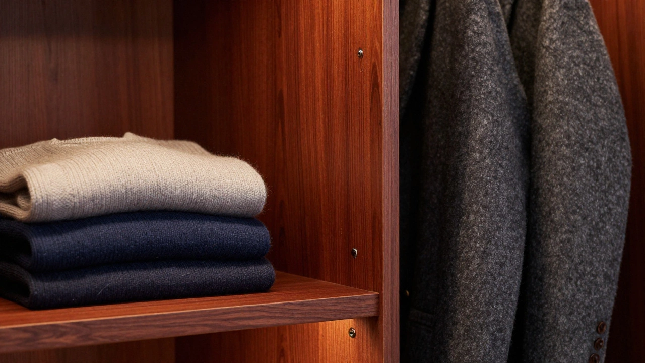 Close-up of cashmere sweaters stored in a protective cedar-lined wardrobe interior