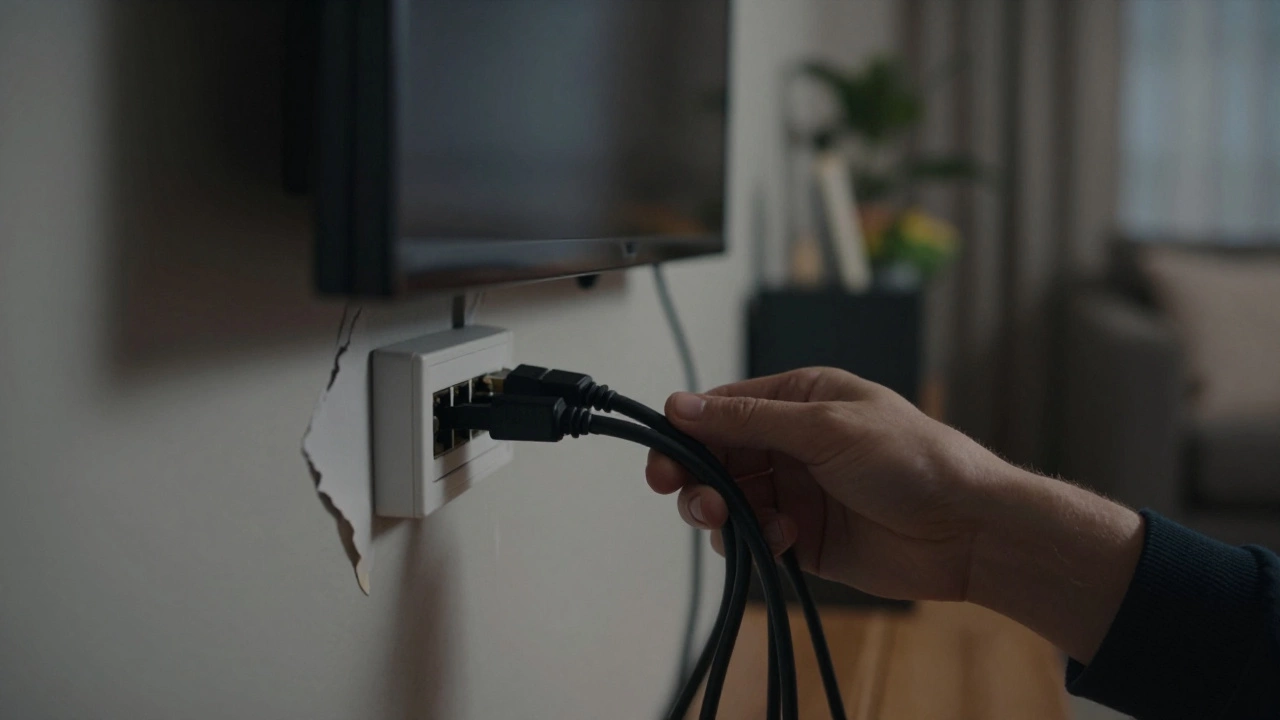 Close-up of messy cables and a plastic trunking strip behind a wall-mounted television.