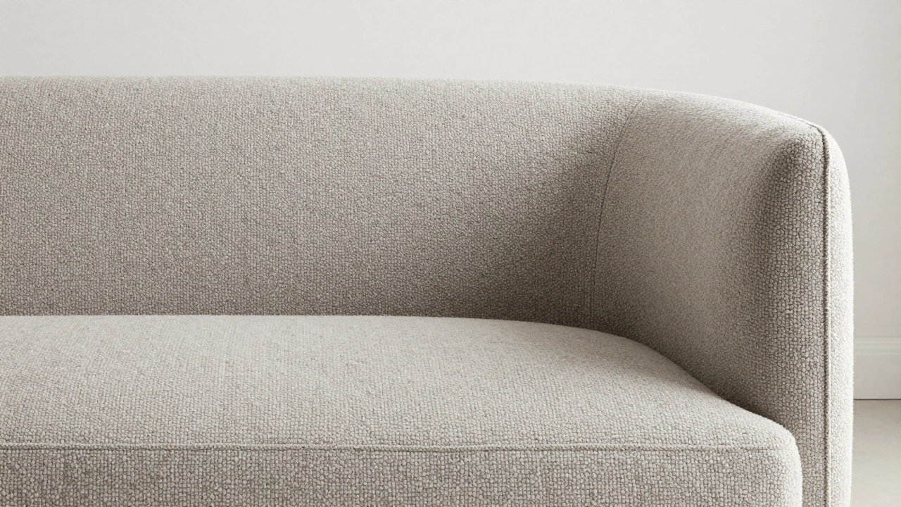Close-up of the textured bouclé fabric on a greige colored sofa