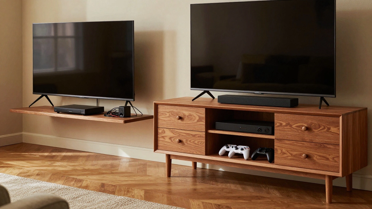Comparison between a cluttered floating TV shelf and an organized wooden entertainment center.
