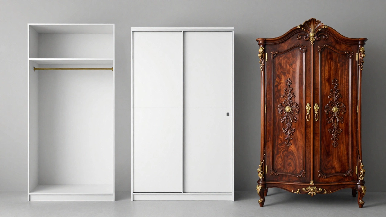 Comparison of a built-in closet, a modern sliding wardrobe, and an ornate wooden armoire