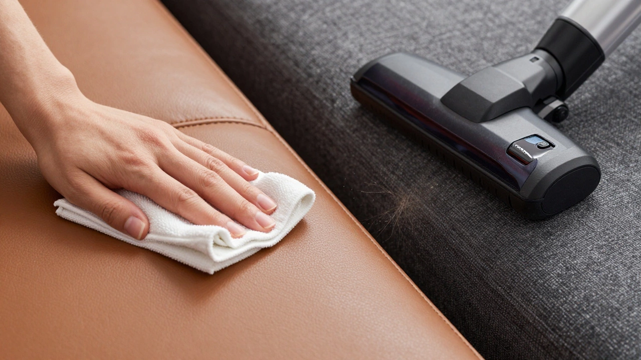 Comparison of cleaning leather with a cloth and vacuuming a fabric sofa.