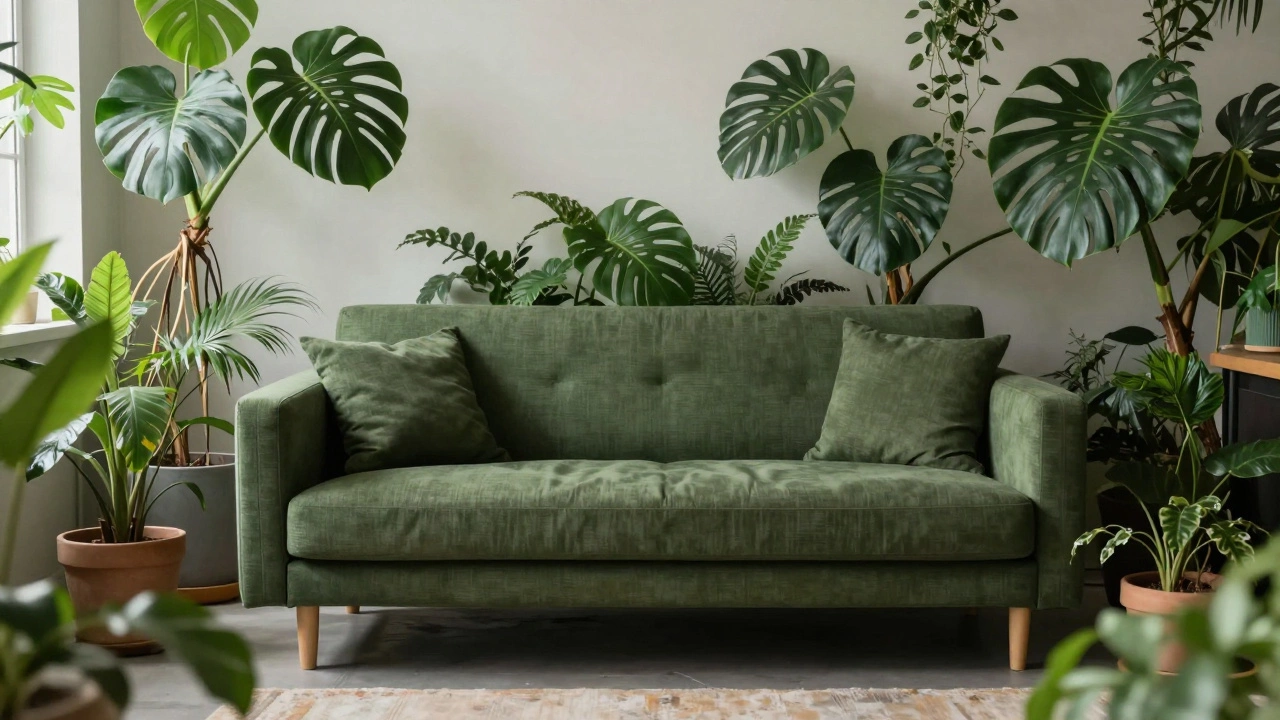 Cozy lounge with a forest green sofa surrounded by lush indoor house plants