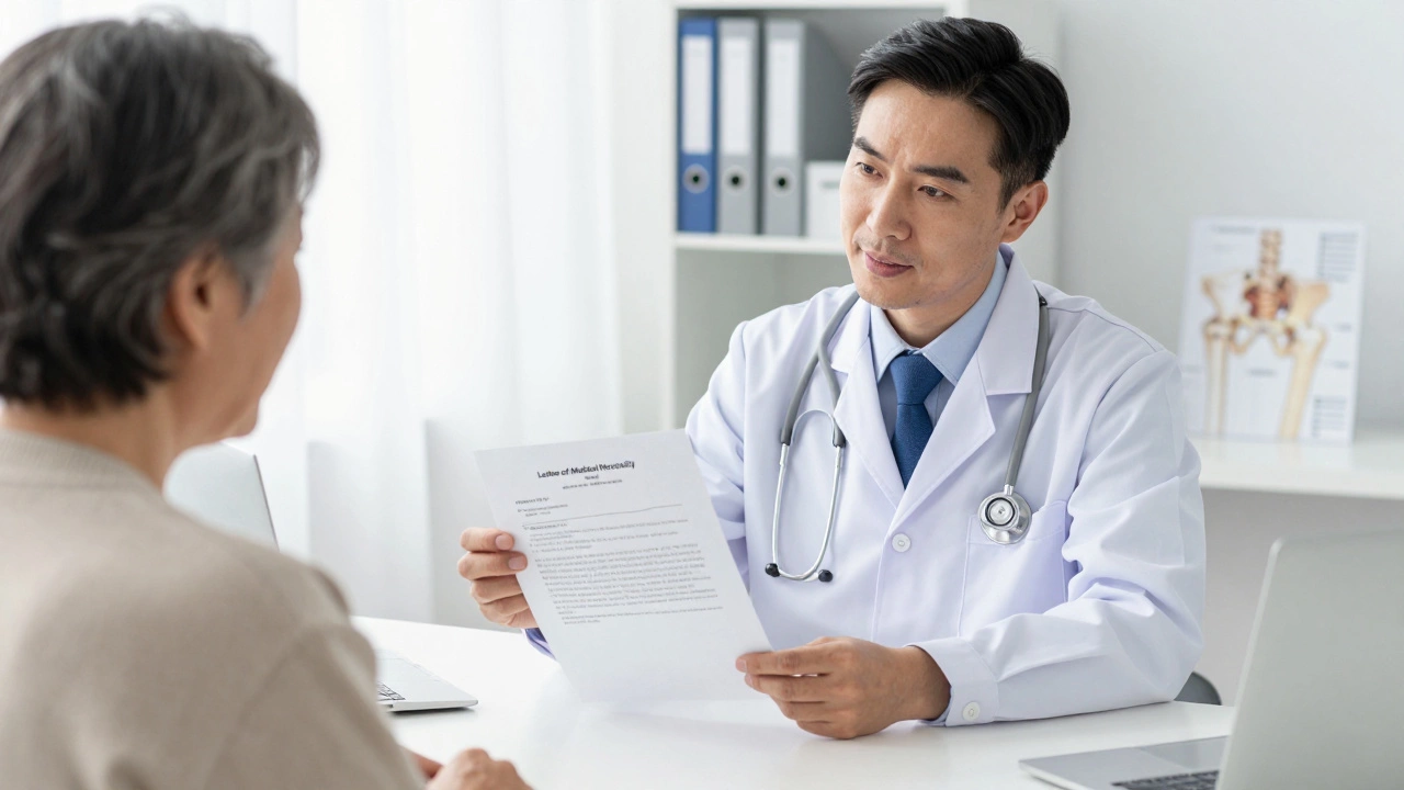 Doctor and elderly patient discussing a Letter of Medical Necessity in a clinic