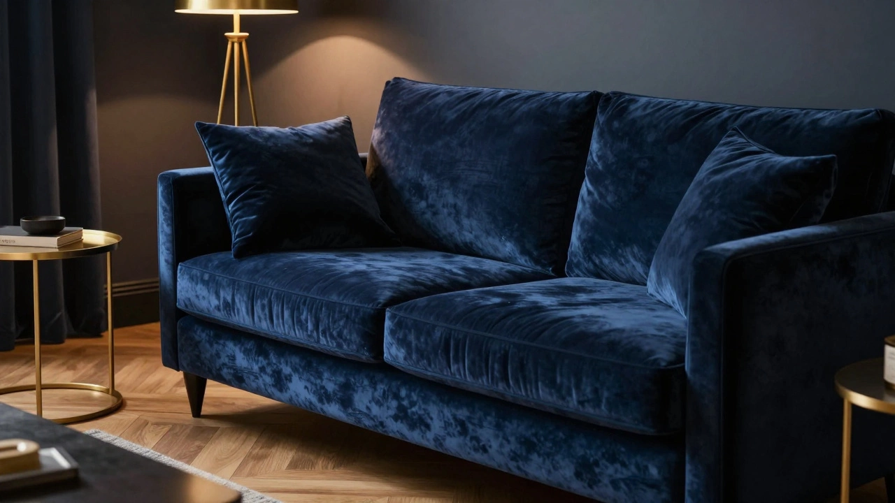 Luxurious navy blue velvet sofa in a room with gold accents and oak flooring