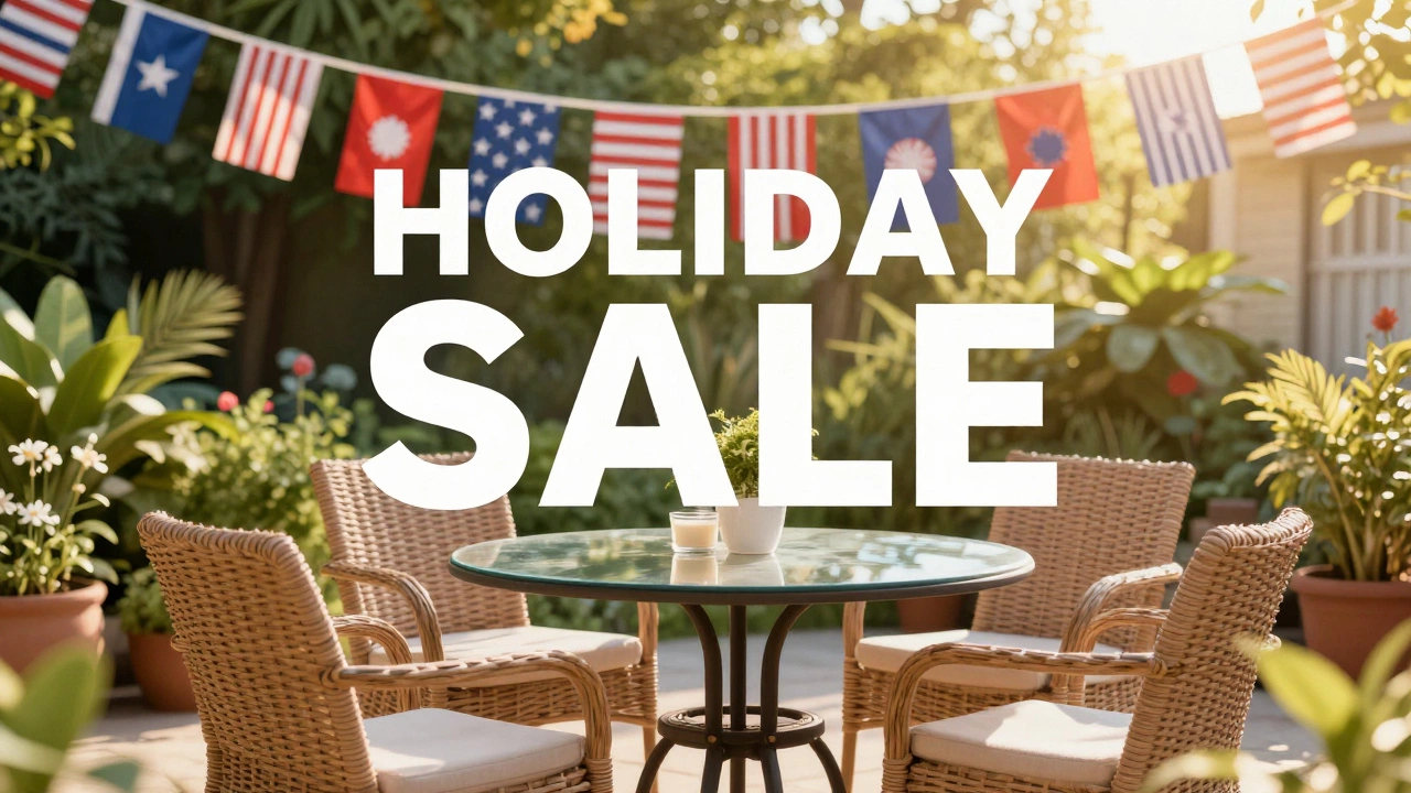 Outdoor patio furniture set in a sunny garden during a summer sale