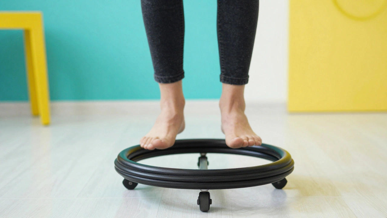 Person sitting on a dynamic wobble stool to encourage micro-movements for focus.
