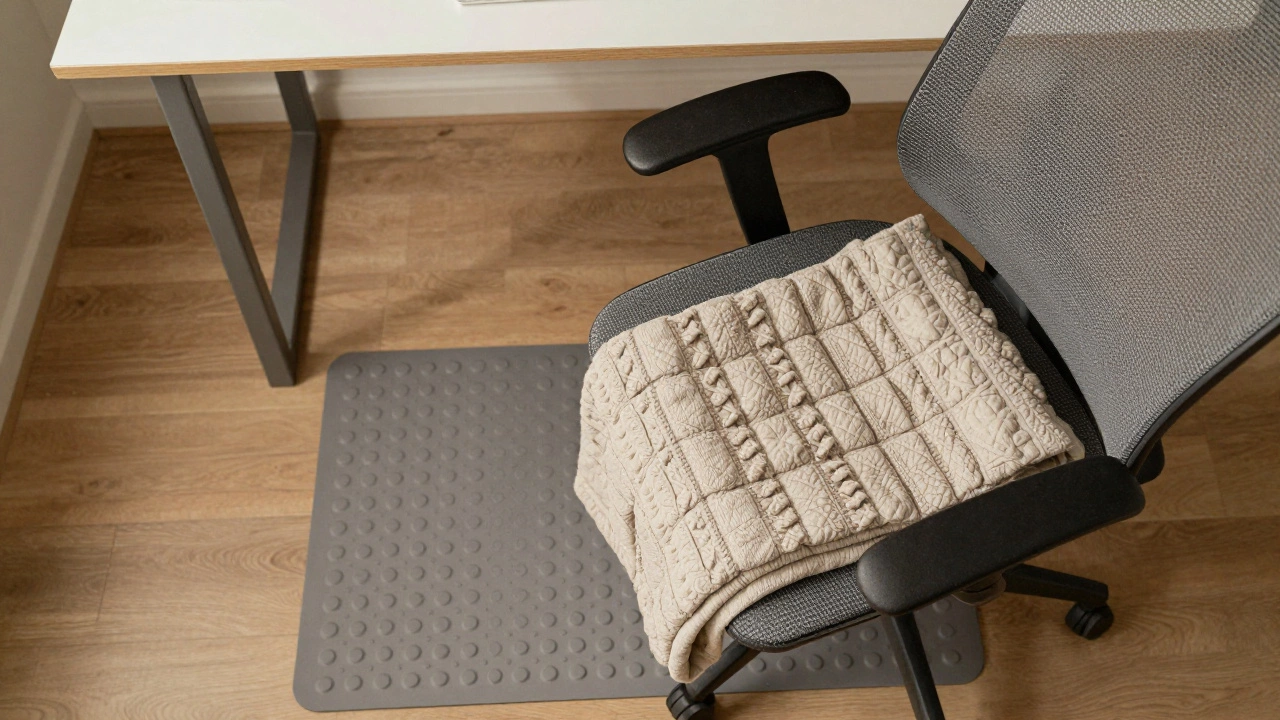 Top-down view of a workstation with a mesh chair, textured mat, and weighted blanket.