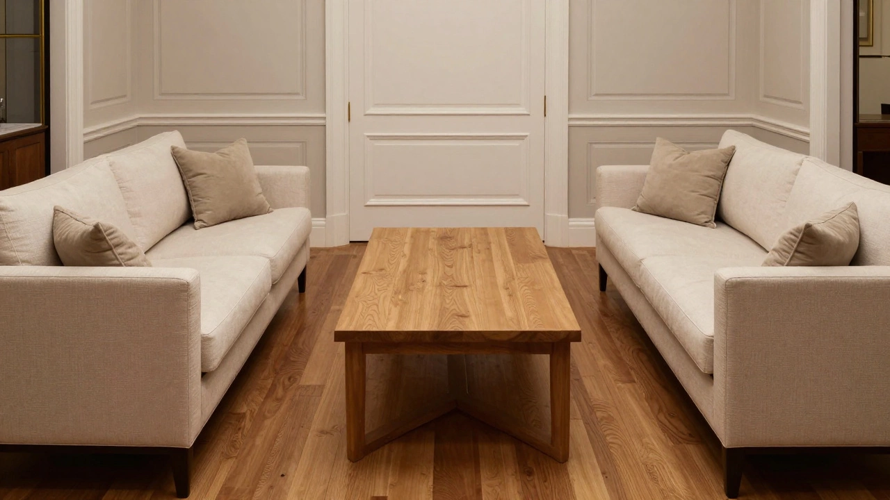 Two cream sofas facing each other with a rectangular coffee table in a formal room