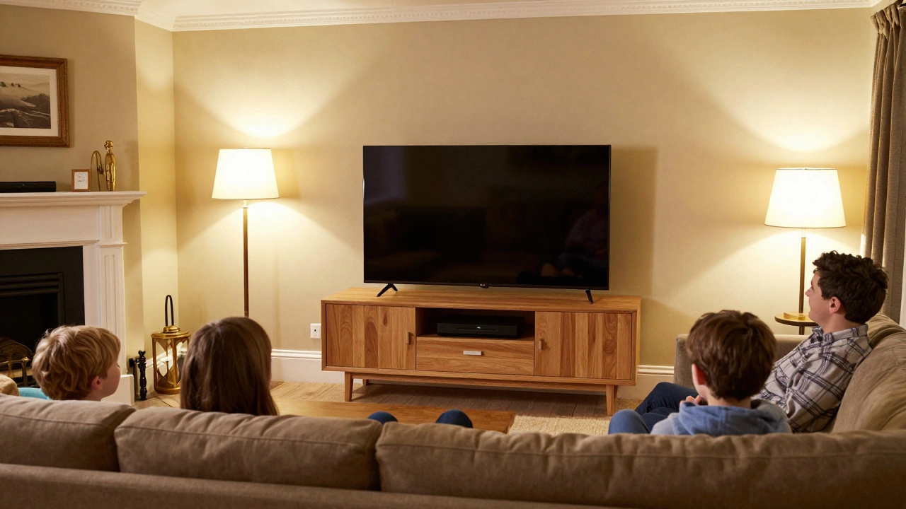 65-inch TV on low wooden media console in cozy living room