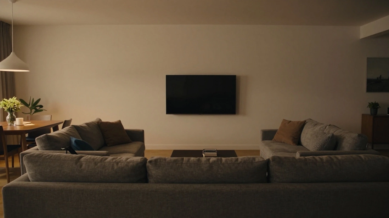 Asymmetrical living room with TV aligned to sofa for ergonomic viewing