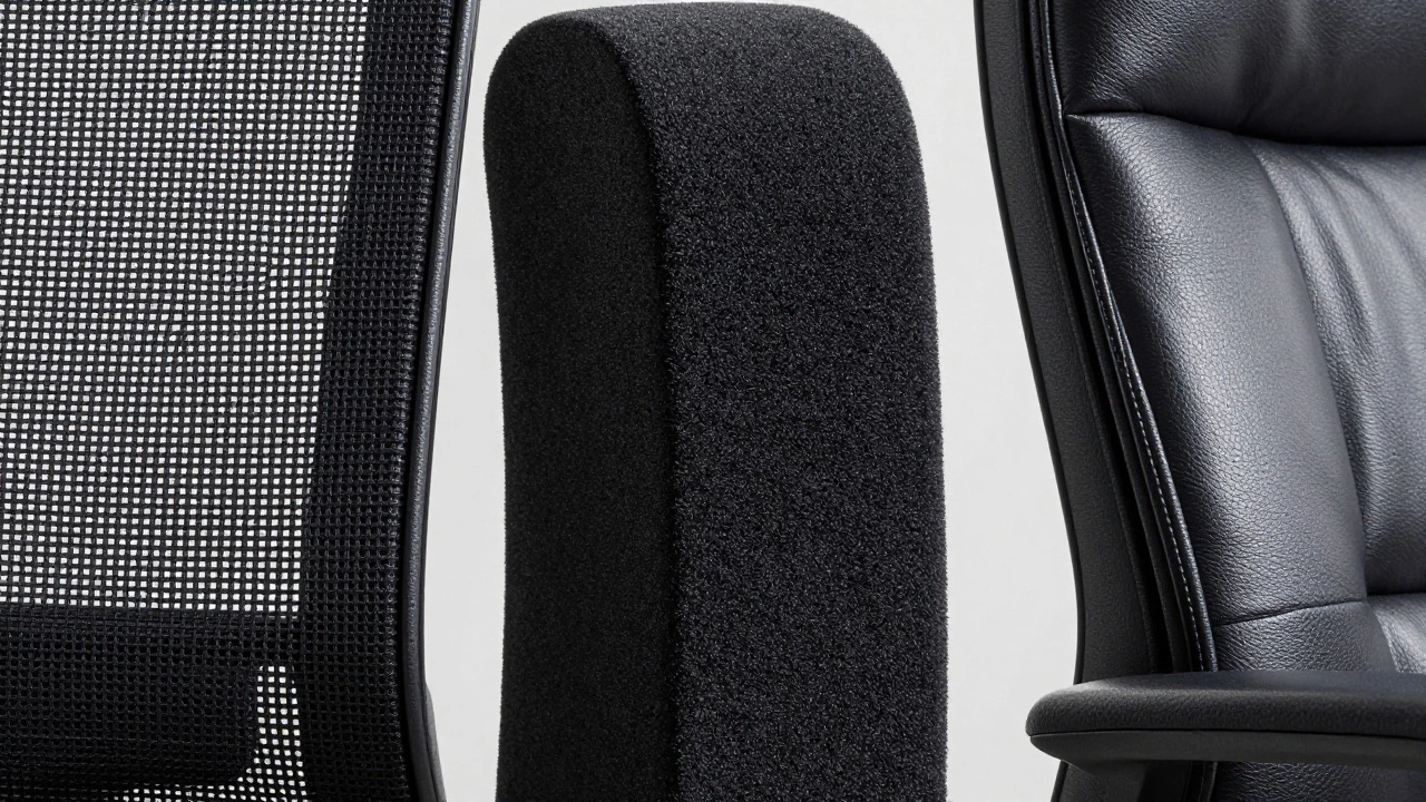 Close-up of mesh, foam, and leather chair textures for sensory comparison