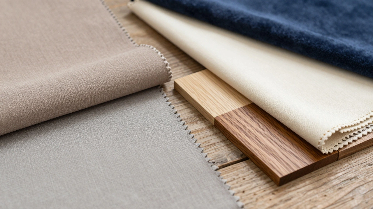 Close-up of neutral fabric swatches and wood grain samples on a table