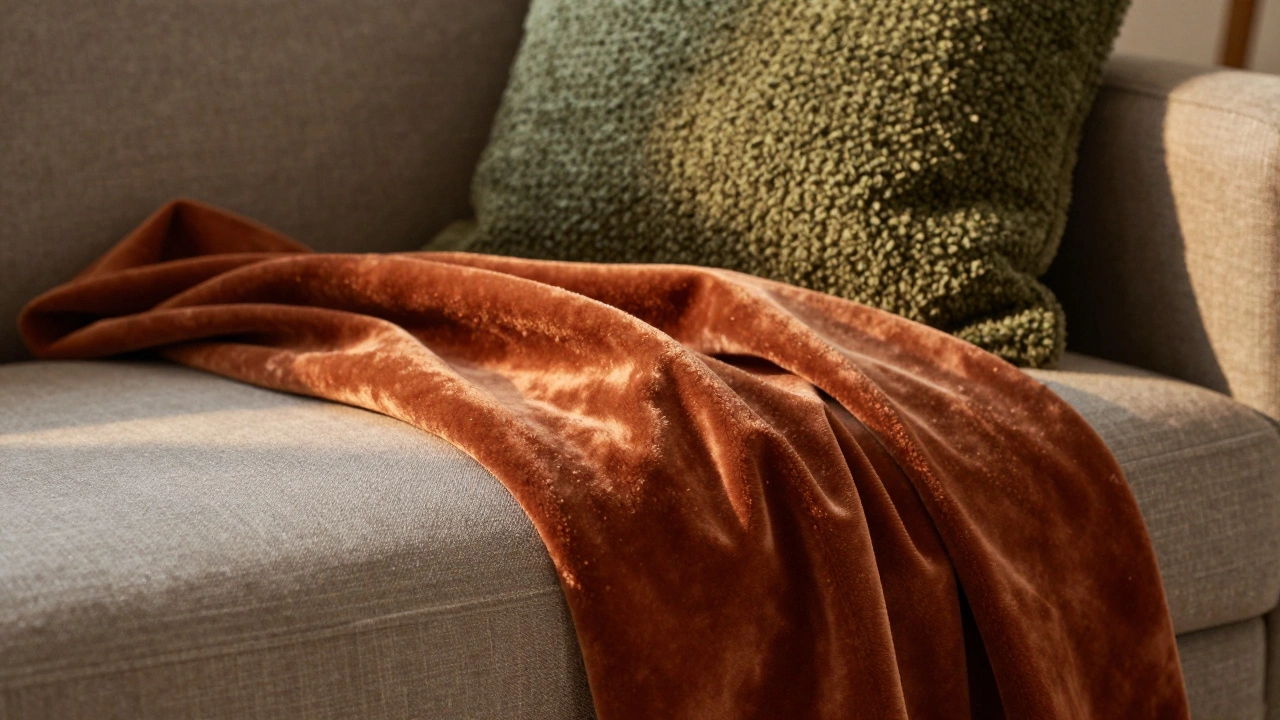 Close-up of terracotta velvet and olive boucle throws on a warm greige linen sofa.