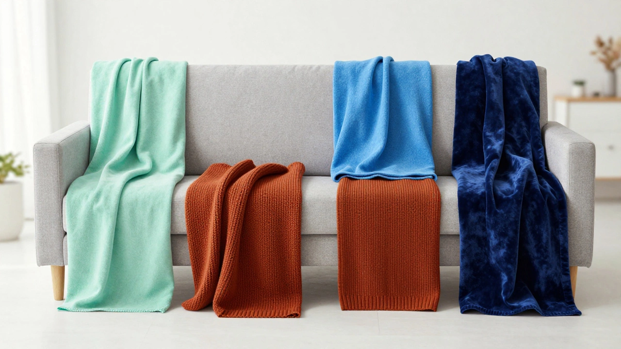 Flat lay of seasonal throws in mint, blue, rust, and navy arranged around a grey sofa.