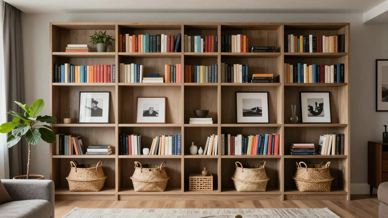 Fully styled bookcase with baskets, art, and color-coordinated books.