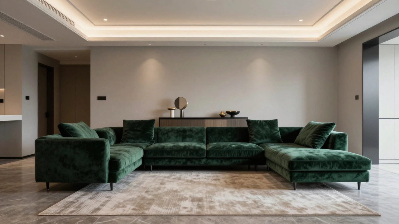 Green velvet sofa floated in center with console behind